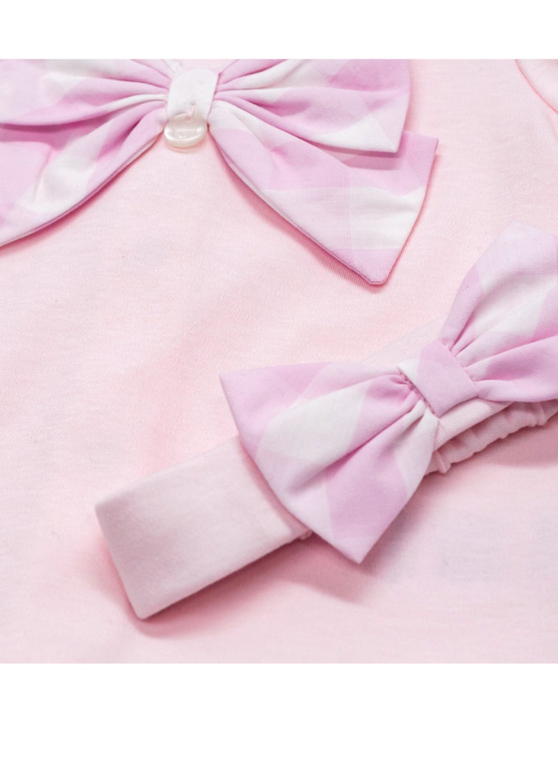 Moon بدلة نوم قطن 100% مع رباط رأس 3-6 أشهر باللون الوردي - مربعات وردية - Image 4