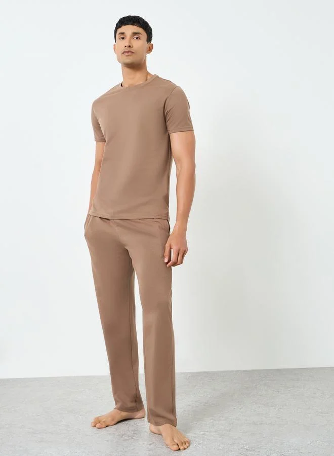 Styli  Men Brown Short Sleeve T-Shirt and Pyjama Set for Men | Best Price UAE