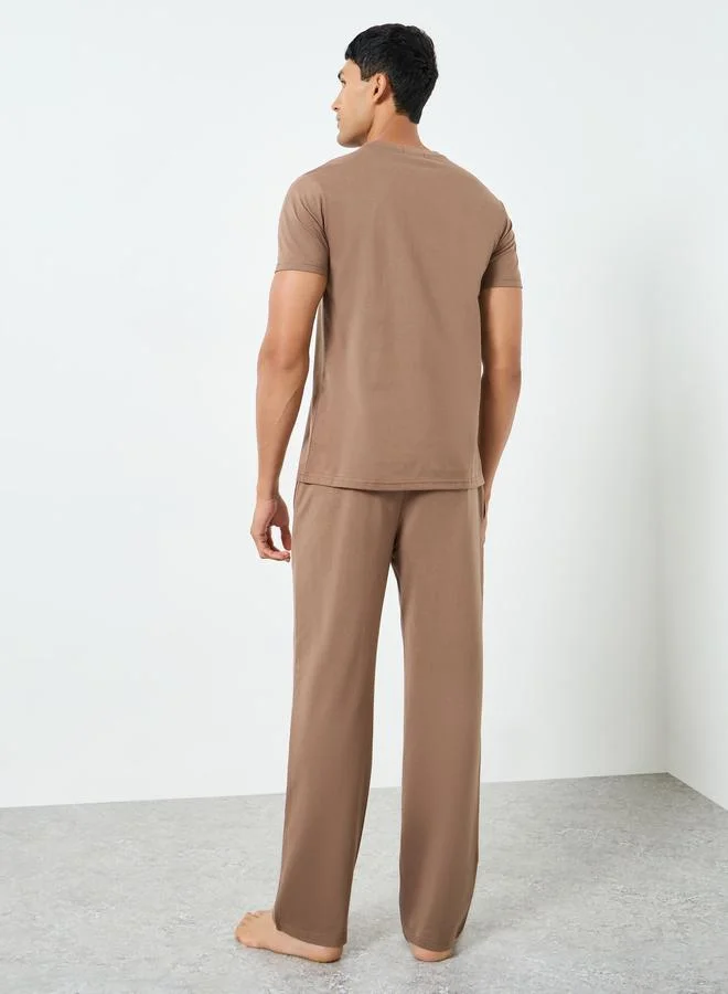 Styli  Men Brown Short Sleeve T-Shirt and Pyjama Set for Men | Best Price UAE
