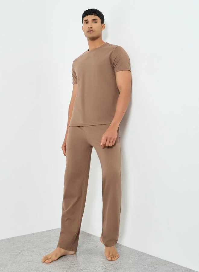 Men Brown Short Sleeve T-Shirt and Pyjama Set