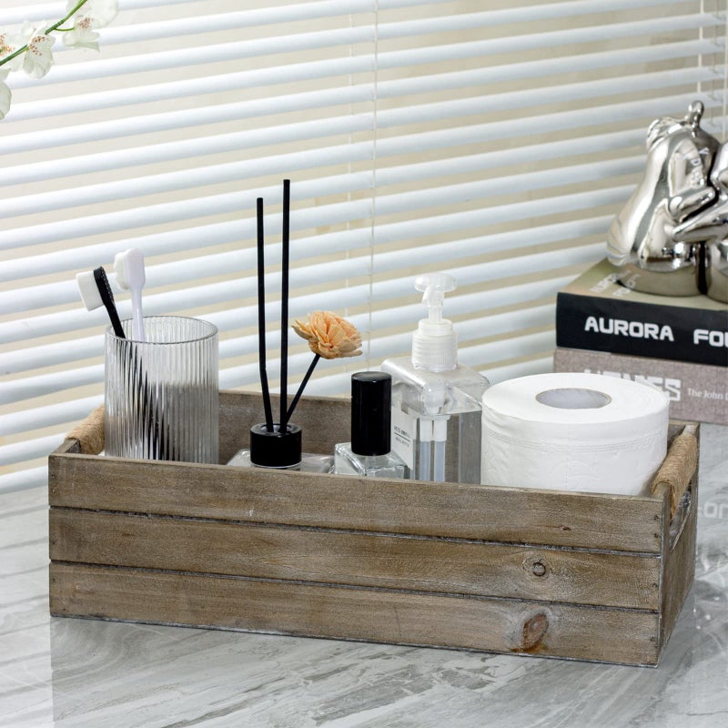 TIMRIS Rustic Wooden Toilet Paper Holder, Farmhouse Bathroom Decor, Toilet Tank Basket, Decorative Storage Container (Rustic Gray) - Image 2