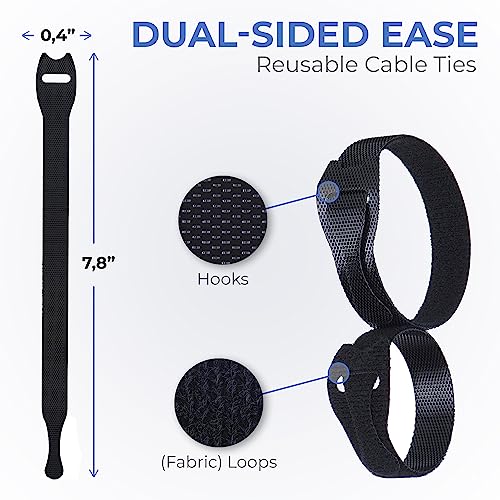 Starument Hook and Loop Cable Ties (8 x 1/2 inch, 100-pack), Premium Industrial Grade and Reusable Fastening Cord Straps for Home, Office and Outdoors, Black - Image 2