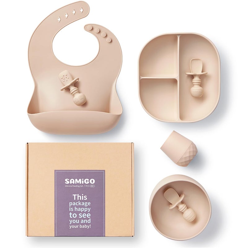 SAMiGO Silicone Baby Feeding Set, Suction Plate Bowl Set, Self Feeding Spoons, Bib, Cup, Baby Led Weaning Supplies, First Stage Feeding Essentials, Food Eating Utensils, 6+ Months - Image 1