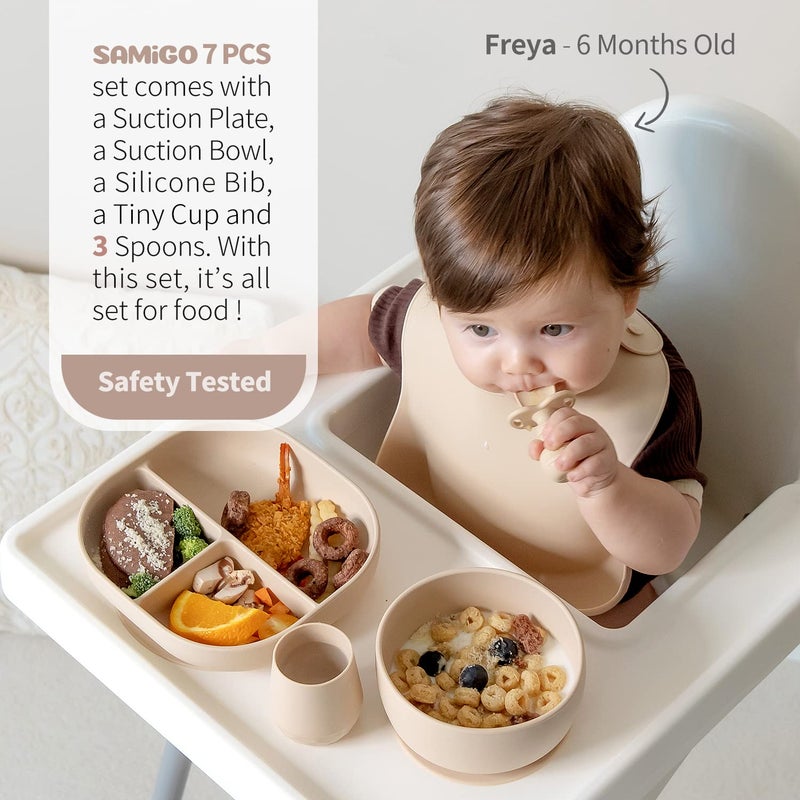 SAMiGO Silicone Baby Feeding Set, Suction Plate Bowl Set, Self Feeding Spoons, Bib, Cup, Baby Led Weaning Supplies, First Stage Feeding Essentials, Food Eating Utensils, 6+ Months - Image 2