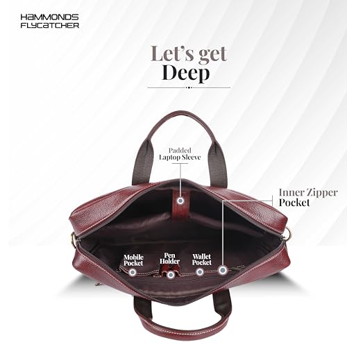 HAMMONDS FLYCATCHER Genuine Leather Office Bag for Men, 15.6 Inch Laptop Bag for Men, Padded Laptop Compartment, Adjustable Strap, Multi Compartments, Trolley Strap, 1 Year Warranty - Brown - Image 4