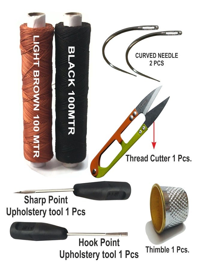 Domick Upholstery Leather Nylon Thread, Thick 0.60 MM (2 ply Hi Tenacity Nylon) Black & Rust, 1 Spool 100 MTR, Pack of 2 Spool, 2 Hand Stitching Tool, 2 Curved Needle, 1 Cutter, 1 Thumble (2 Pcs). - Image 2