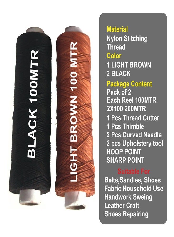 Domick Upholstery Leather Nylon Thread, Thick 0.60 MM (2 ply Hi Tenacity Nylon) Black & Rust, 1 Spool 100 MTR, Pack of 2 Spool, 2 Hand Stitching Tool, 2 Curved Needle, 1 Cutter, 1 Thumble (2 Pcs). - Image 3