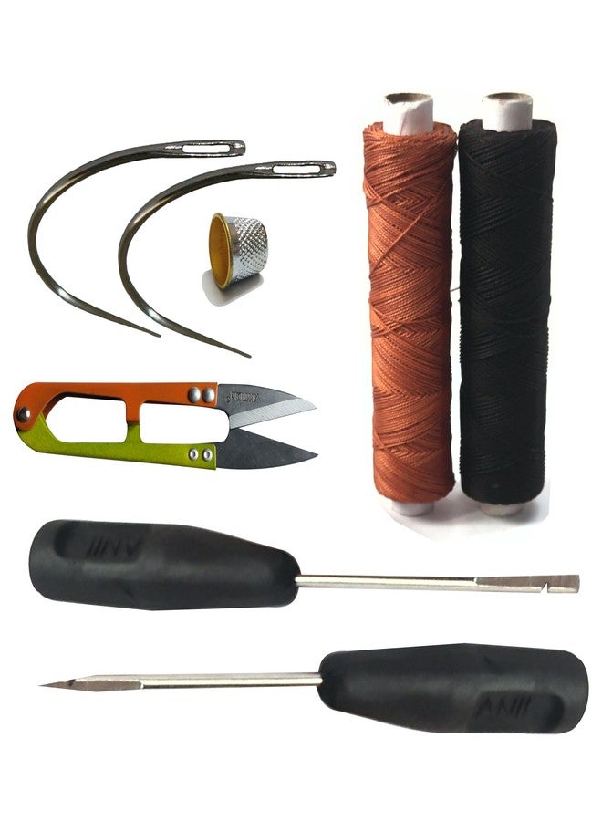 Domick Upholstery Leather Nylon Thread, Thick 0.60 MM (2 ply Hi Tenacity Nylon) Black & Rust, 1 Spool 100 MTR, Pack of 2 Spool, 2 Hand Stitching Tool, 2 Curved Needle, 1 Cutter, 1 Thumble (2 Pcs). - Image 1