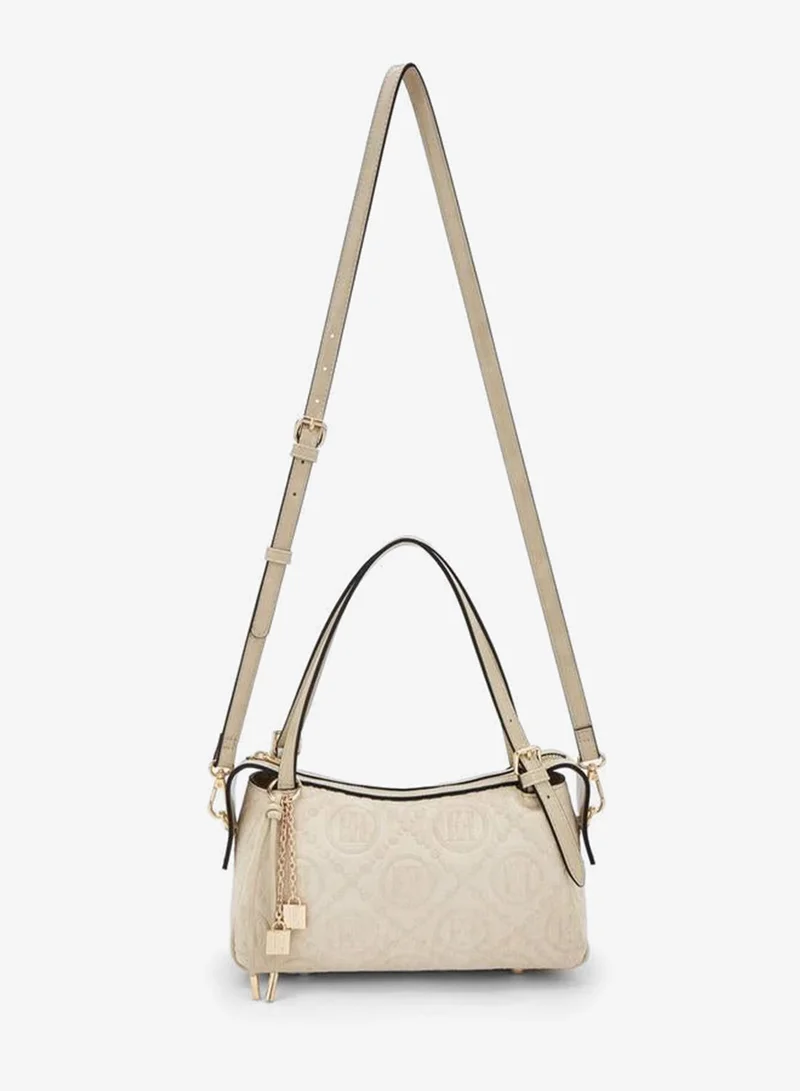 Elle Monogram Textured Shoulder Bag With Charm Accent