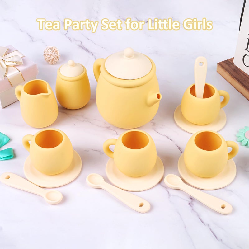 MCGMITT Toy Tea Set, Silicone Tea Party Set for Little Girls Boys, 15 Pcs BPA Free Dishwasher Safe Pretend Tea Set for Toddlers Kids Age 3-6, Non Breakable Cute Toy Kitchen Accessories for Children - Image 2