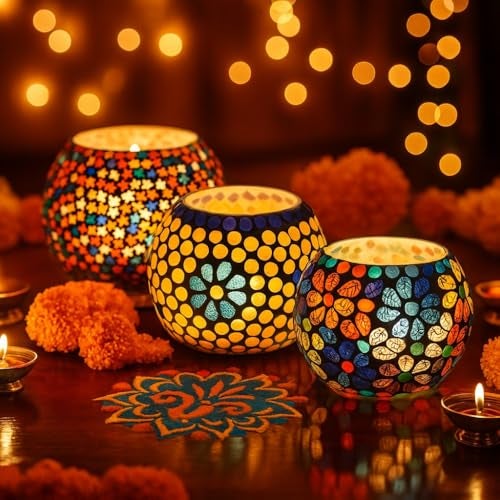 BRAHMZ® Set Of 3 Handmade Glass Mosaic Turkish Moroccan Tea Light Candle Holders (Md7) - Image 1
