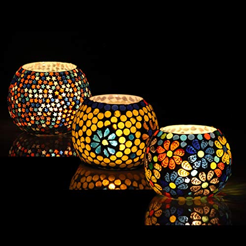 BRAHMZ® Set Of 3 Handmade Glass Mosaic Turkish Moroccan Tea Light Candle Holders (Md7) - Image 2