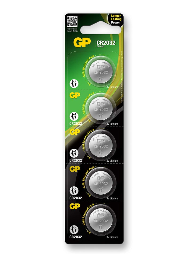 GP Batteries GP Lithium Coin CR2032 Batteries – 5-Pack, High-Power and Reliable 3V Coin Batteries for Watches, Key Fobs, and Medical Devices, Childproof Card Packaging  - Image 1