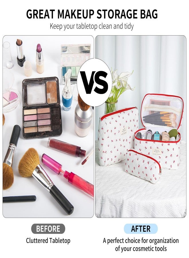 senbowe Floral Makeup Bag, 3 Pack Large Cotton Quilted Makeup Bag Set, Cute Floral Coquette Aesthetic Toiletry Bag Make Up Cosmetic Bag for Women, Toiletry Travel Make Up Organizer Bag - Image 4