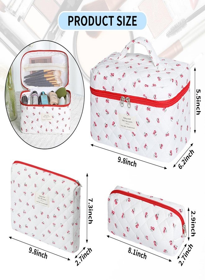 senbowe Floral Makeup Bag, 3 Pack Large Cotton Quilted Makeup Bag Set, Cute Floral Coquette Aesthetic Toiletry Bag Make Up Cosmetic Bag for Women, Toiletry Travel Make Up Organizer Bag - Image 2