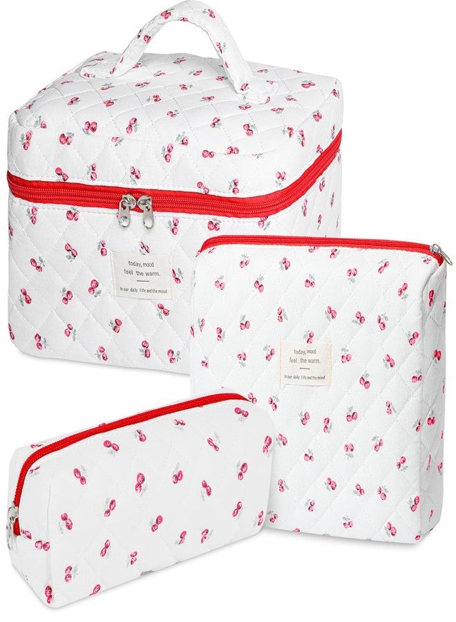 senbowe Floral Makeup Bag, 3 Pack Large Cotton Quilted Makeup Bag Set, Cute Floral Coquette Aesthetic Toiletry Bag Make Up Cosmetic Bag for Women, Toiletry Travel Make Up Organizer Bag - Image 1