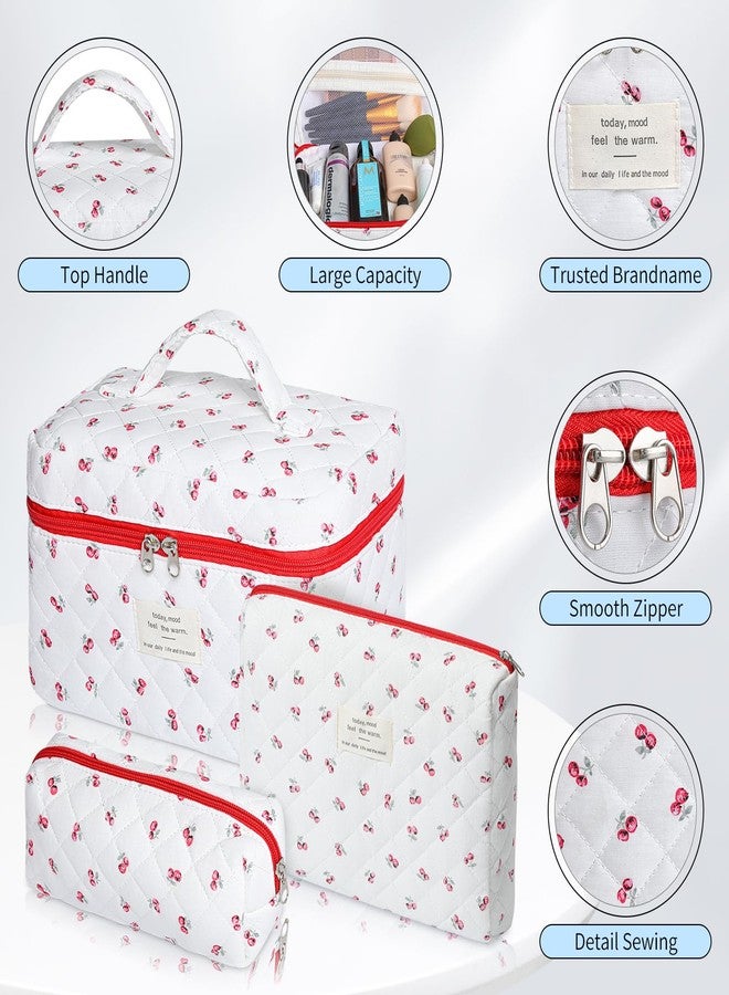 senbowe Floral Makeup Bag, 3 Pack Large Cotton Quilted Makeup Bag Set, Cute Floral Coquette Aesthetic Toiletry Bag Make Up Cosmetic Bag for Women, Toiletry Travel Make Up Organizer Bag - Image 3