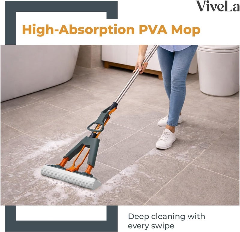 لايف لونج ممسحة إسفنجية من PVA مدى الحياة لتنظيف الأرضيات | ممسحة دوارة فائقة الامتصاص بمقبض من الفولاذ المقاوم للصدأ قابل للتمديد وآلية عصر سهلة | مثالية للاستخدام الرطب والجاف على البلاط والخشب والرخام - Image 3