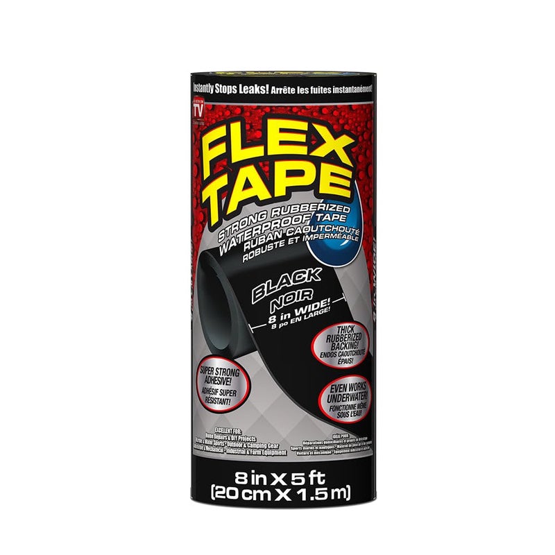 FLEX TAPE Flex Tape, 8 in x 5 ft, Black, Original Thick Flexible Rubberized Waterproof Tape - Seal and Patch Leaks, Works Underwater, Indoor Outdoor Projects - Home RV Roof Plumbing and Pool Repairs  - Image 1