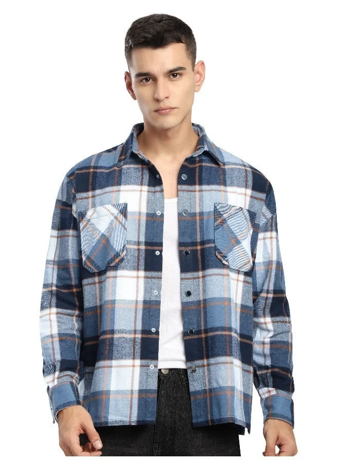 بيونغ قميص فلانيل أزرق بغطاء رأس قابل للفصل