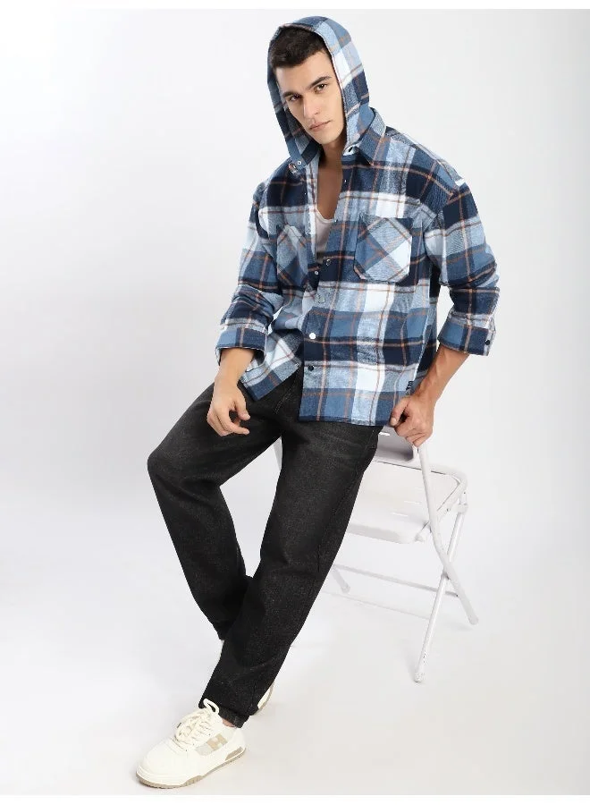 بيونغ قميص فلانيل أزرق بغطاء رأس قابل للفصل