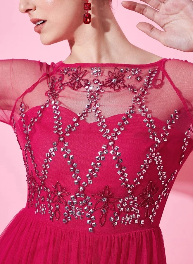 STREET 9 فستان ماكسي مزين باللون الفوشيا للنساء