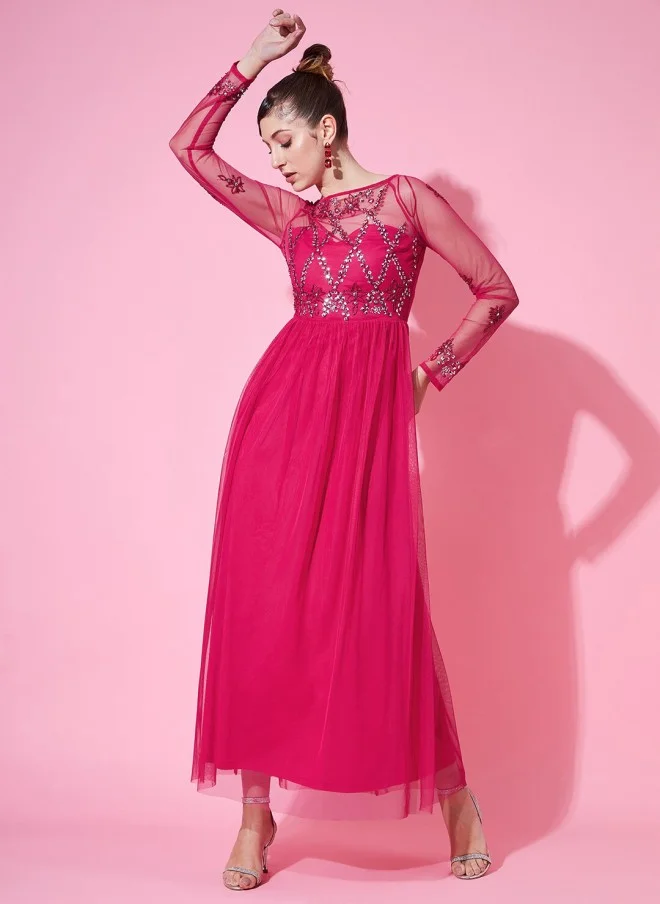 STREET 9 فستان ماكسي مزين باللون الفوشيا للنساء