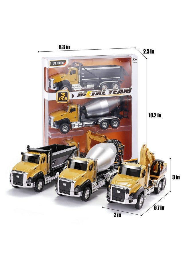 TEMI 3 Pack Of Diecast Engineering Construction Vehicles, Dump Truck, Digger, Mixer Truck, 1/50 Scale Metal Collectible Model Cars, Pull Back Car Toys With Opening Doors For Boys And Girls - Image 1