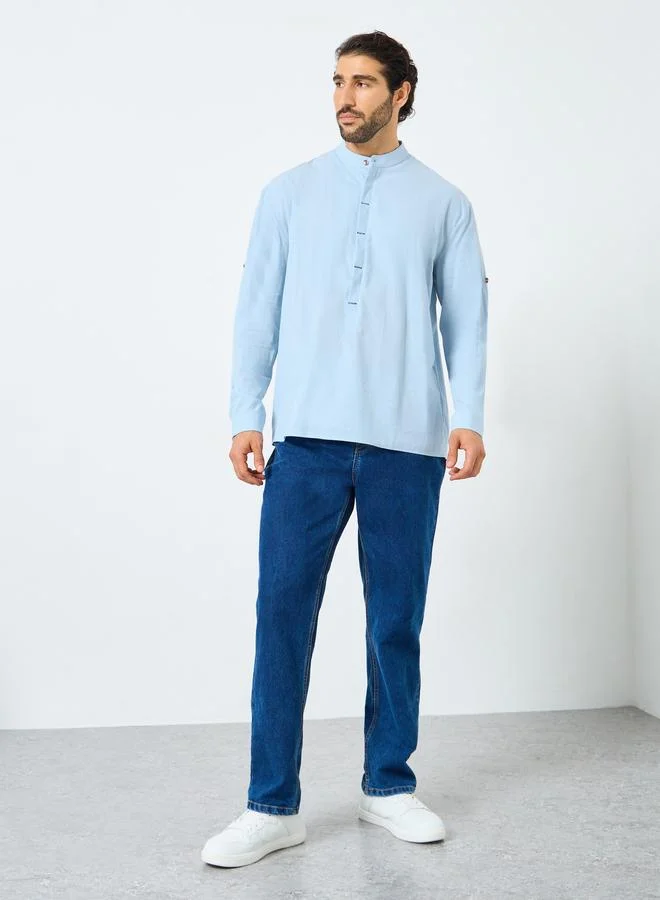 ستايلي قميص رجالي بياقة ماندرين وفتحة نصفية بقصة عادية