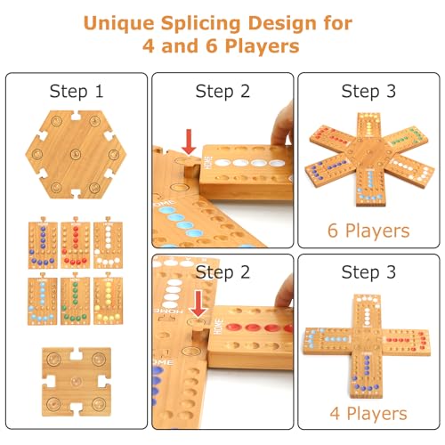 plusvivo Marble Board Game Wooden Board Game for 4 and 6 Players Portable Original Marble Game with 24 Marbles 12 Dice for Family Friends Party Game Night - Image 5