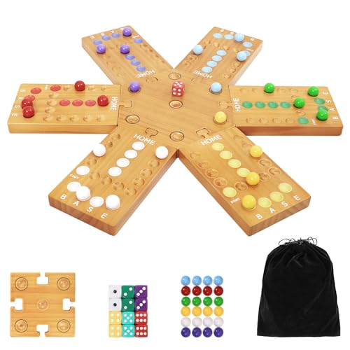 plusvivo Marble Board Game Wooden Board Game for 4 and 6 Players Portable Original Marble Game with 24 Marbles 12 Dice for Family Friends Party Game Night - Image 1