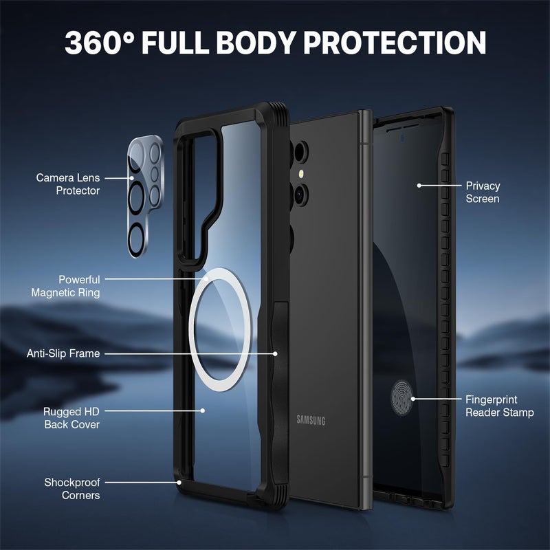 CENHUFO Magnetic Privacy for Samsung Galaxy S24 Ultra Case, Full Body Phone Case with Built-in Privacy Screen Protector and Camera Lens Cover, Anti Peep Shockproof Protective Clear Bumper - Black - Image 3