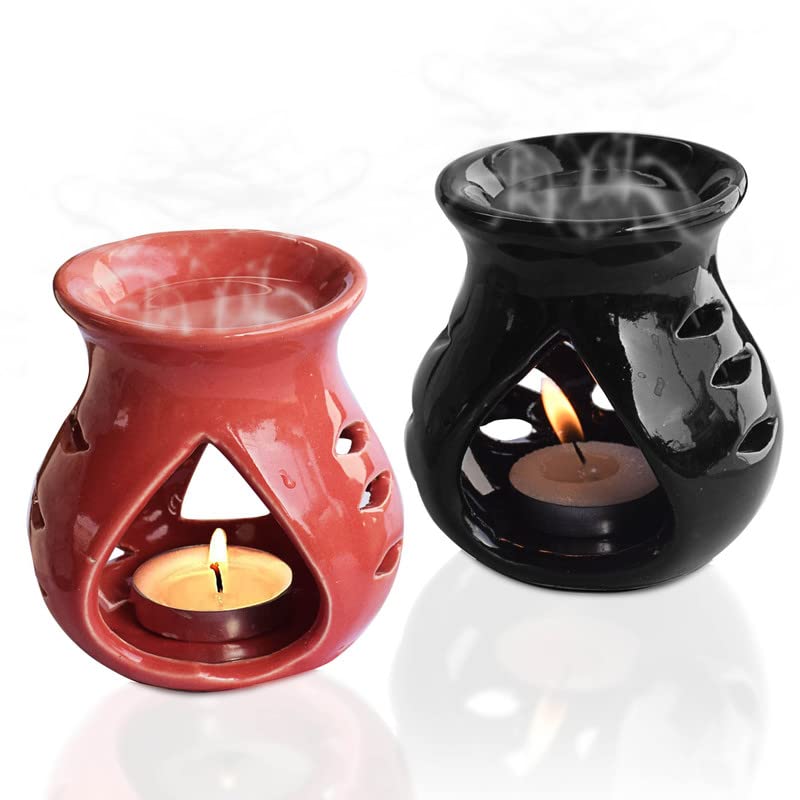 Pure Source India Ceramic Oil Burner Aroma Diffuser Set of 2 (Black & Red) - Image 1