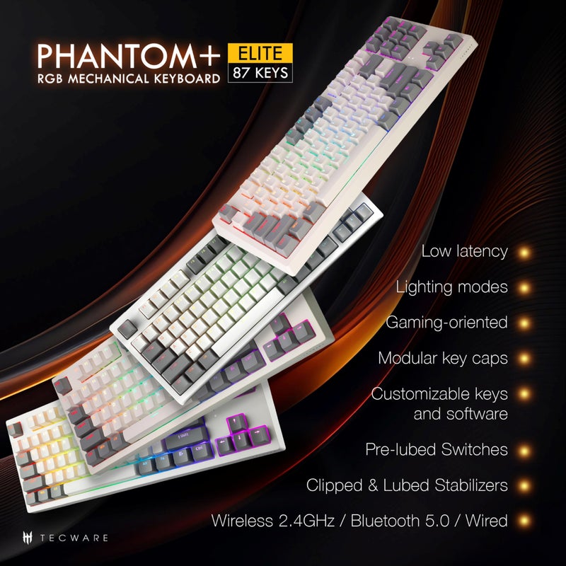 TECWARE Phantom+ Elite 87 Key RGB Mechanical Gaming Keyboard, LED Backlit, Universal Hot-Swap, Wired and Wireless, 3 Mode Connectivity, Thocky Sounding, White Elite Wraith Brown - Image 2