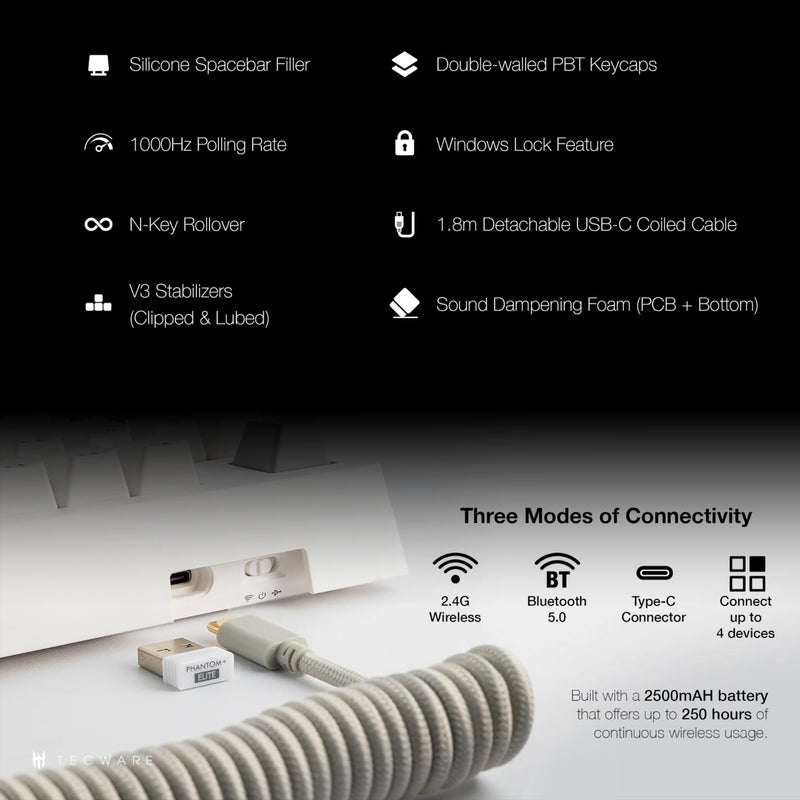 TECWARE Phantom+ Elite 87 Key RGB Mechanical Gaming Keyboard, LED Backlit, Universal Hot-Swap, Wired and Wireless, 3 Mode Connectivity, Thocky Sounding, White Elite Wraith Brown - Image 4