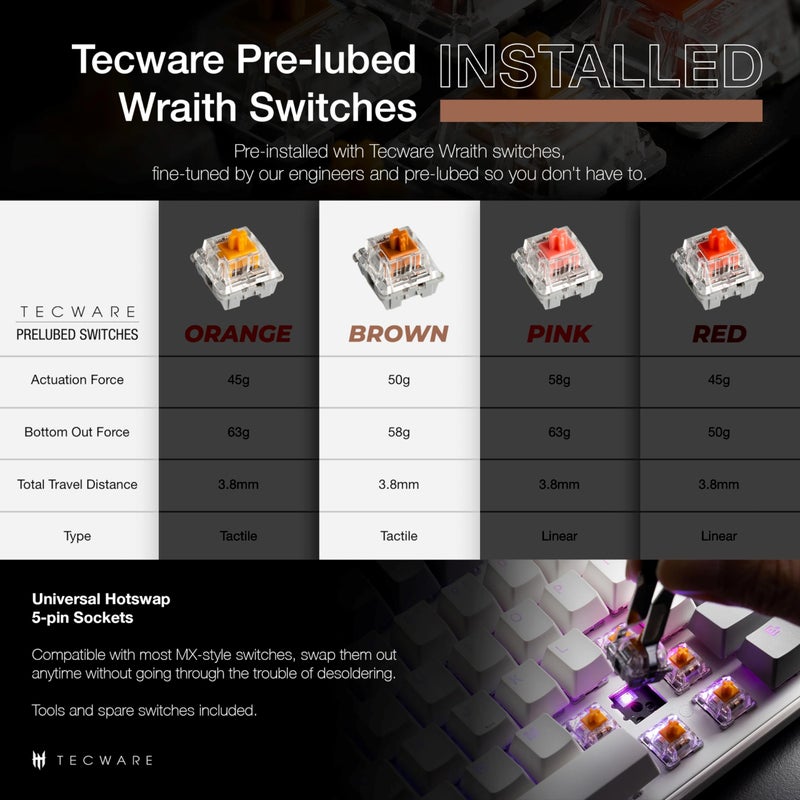 TECWARE Phantom+ Elite 87 Key RGB Mechanical Gaming Keyboard, LED Backlit, Universal Hot-Swap, Wired and Wireless, 3 Mode Connectivity, Thocky Sounding, White Elite Wraith Brown - Image 3
