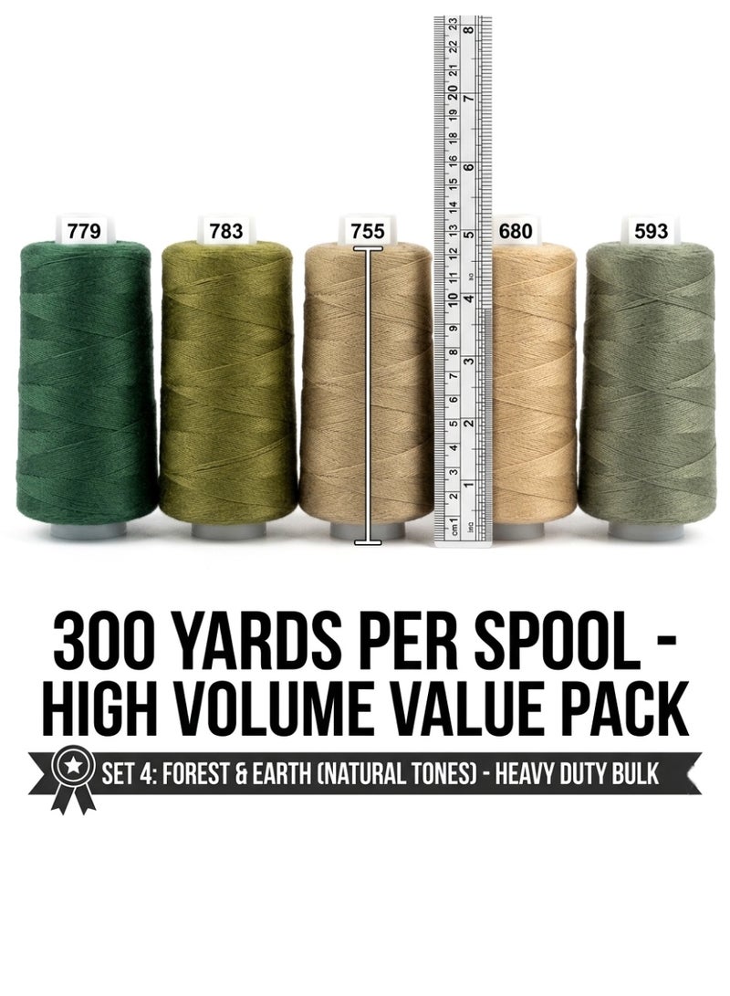 مجموعة خيوط بوليستر شديدة التحمل مكونة من 5 قطع - 300 ياردة/بكرة، خيط سميك للغاية وعالي القوة للدنيم والجلد والتنجيد - ألوان الغابة والأرض (779، 783، 755، 680، 593) - Image 4