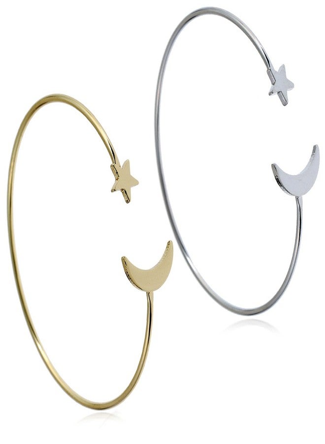 YINLI 2 Pack Simple Cuff Bracelet Bangle Stretch Bracelets for Women (Star and Moon) - Image 1