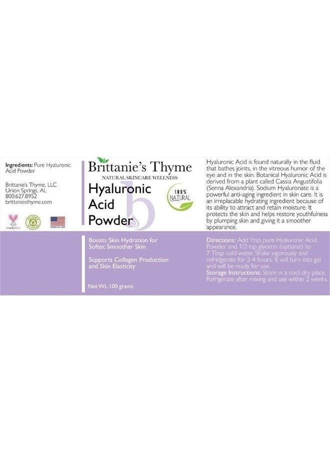 Smart Solutions Brittanie's Thyme Pure Hyaluronic Acid Serum Powder, 100 Grams | High Molecular Weight, Cosmetic Grade, 100% Natural, Boosts Skin Hydration for Softer, Smoother Skin  - Image 2