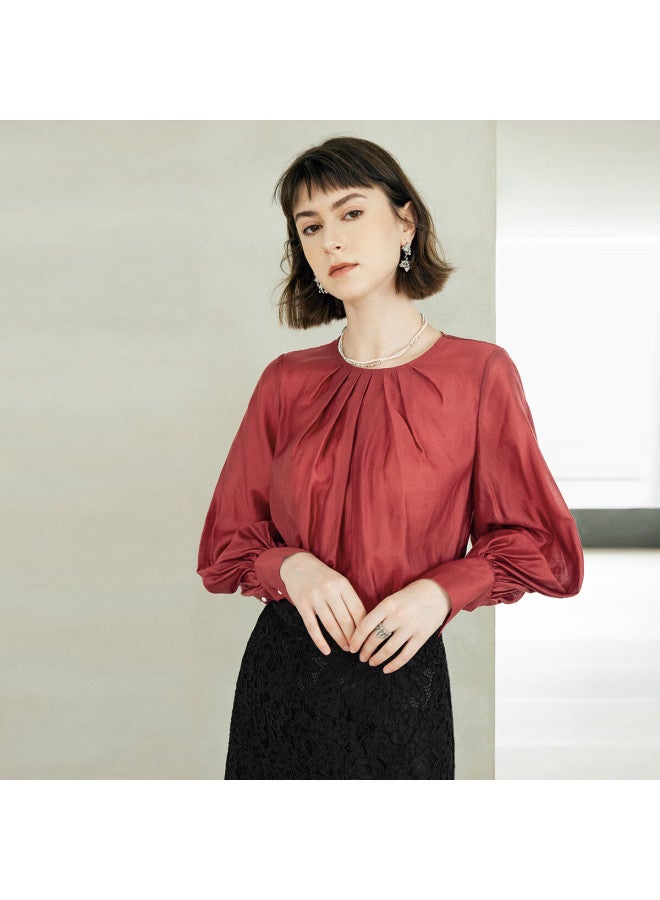 Yanyee Red Long Sleeve Crew Neck Shirt Women Autumn Premium Elegant Fashion Blouse Red S/36 - Image 1