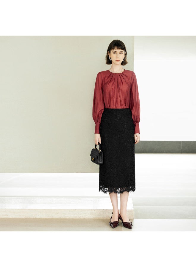 Yanyee Red Long Sleeve Crew Neck Shirt Women Autumn Premium Elegant Fashion Blouse Red S/36 - Image 2
