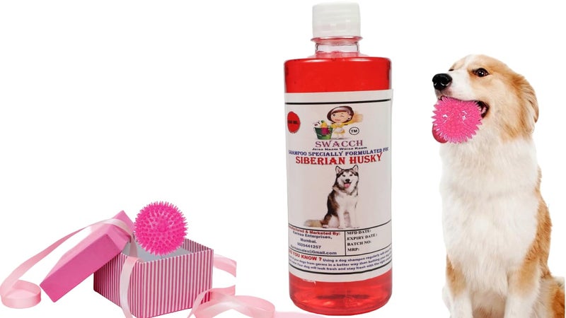 swacch Shampoo | Puppy Safe Shampoo | PH Balanced | Ditch to Itch for Siberian Husky Dog Shampoo 500ml (Strawberry) + Spike Ball Chew Toy Combo Pack - Image 1