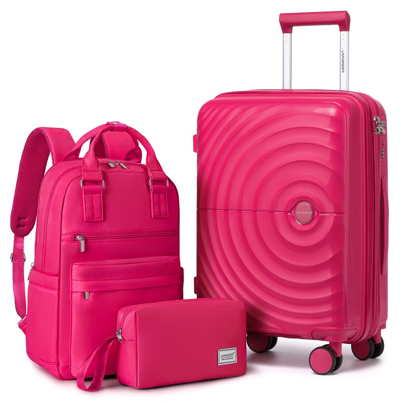 LARVENDER Carry On Luggage Set 22x14x9 Airline Approved, Expandable 20 Inch Carry-On Suitcases With Wheels, Lightweight Luggage Sets 3 Pieces With Backpack, Rose Red - Image 1