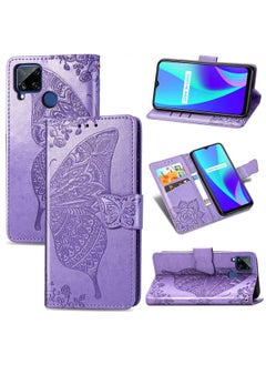 HuHa Case Cover For Realme C15 Butterfly Love Flower Embossed Horizontal Flip Leather Case with Holder & Card Slots & Wallet & Lanyard Light Purple 