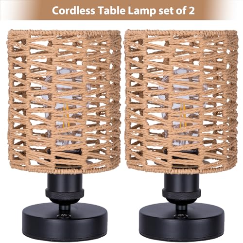 ALL FORTUNE Cordless Outdoor Table Lamps Small Rattan Boho Rechargeable Battery Operated for Outdoor Patio Home Living Room Bedroom Bedside Set of 2 BeigeB - Image 3
