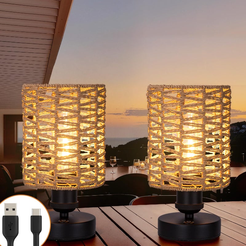 ALL FORTUNE Cordless Outdoor Table Lamps Small Rattan Boho Rechargeable Battery Operated for Outdoor Patio Home Living Room Bedroom Bedside Set of 2 BeigeB - Image 2