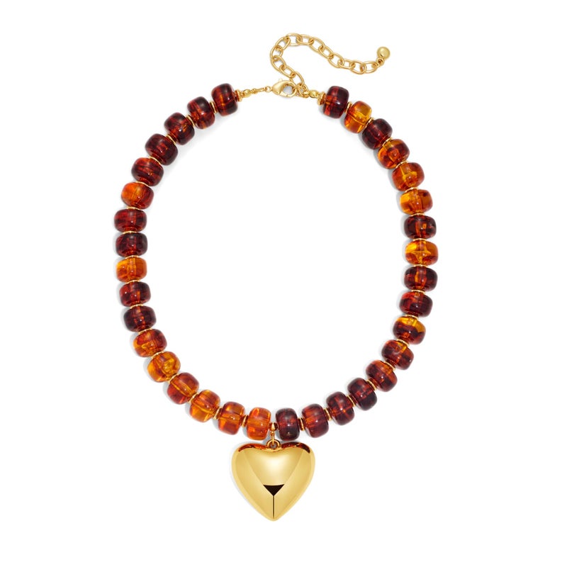 FAUTHENTICUTE Amber Beaded Choker Necklace With A Gold Heart Pendant Chunky Heart Statement Necklace For Women - Image 1