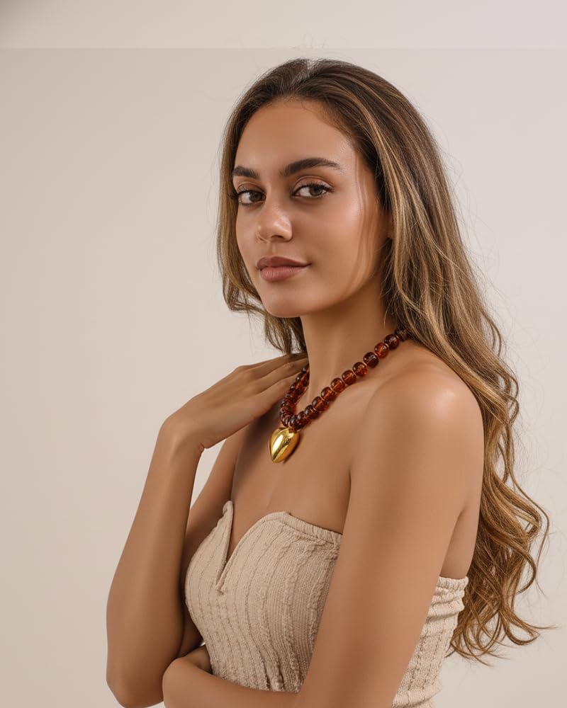 FAUTHENTICUTE Amber Beaded Choker Necklace With A Gold Heart Pendant Chunky Heart Statement Necklace For Women - Image 2