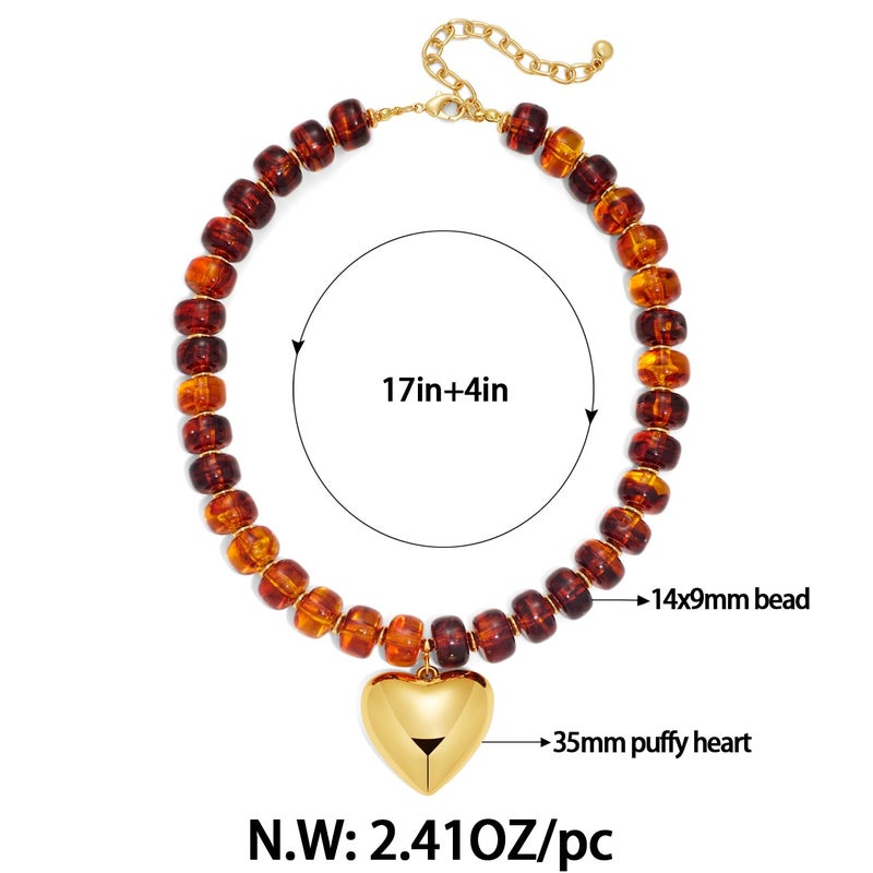 FAUTHENTICUTE Amber Beaded Choker Necklace With A Gold Heart Pendant Chunky Heart Statement Necklace For Women - Image 5