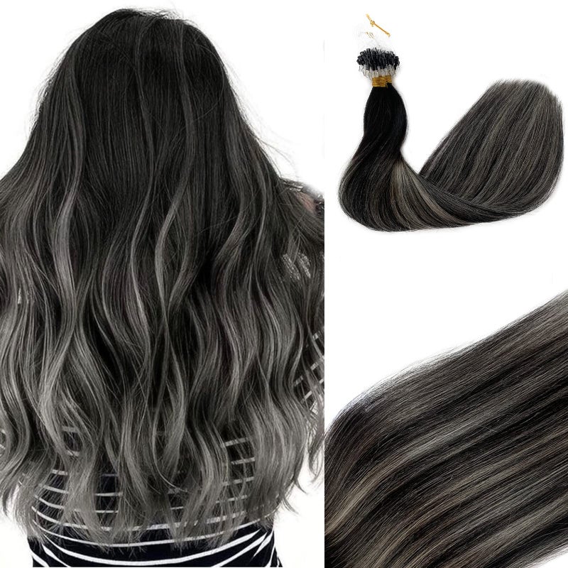 Balayage Hair Extensions Micro Loop Human Hair Highlights 1B Natural Black With Sliver Hair Extensions Mciro Links 100 Real Human Hair 50 Grams Micro Beaded Hair Extensions for Women